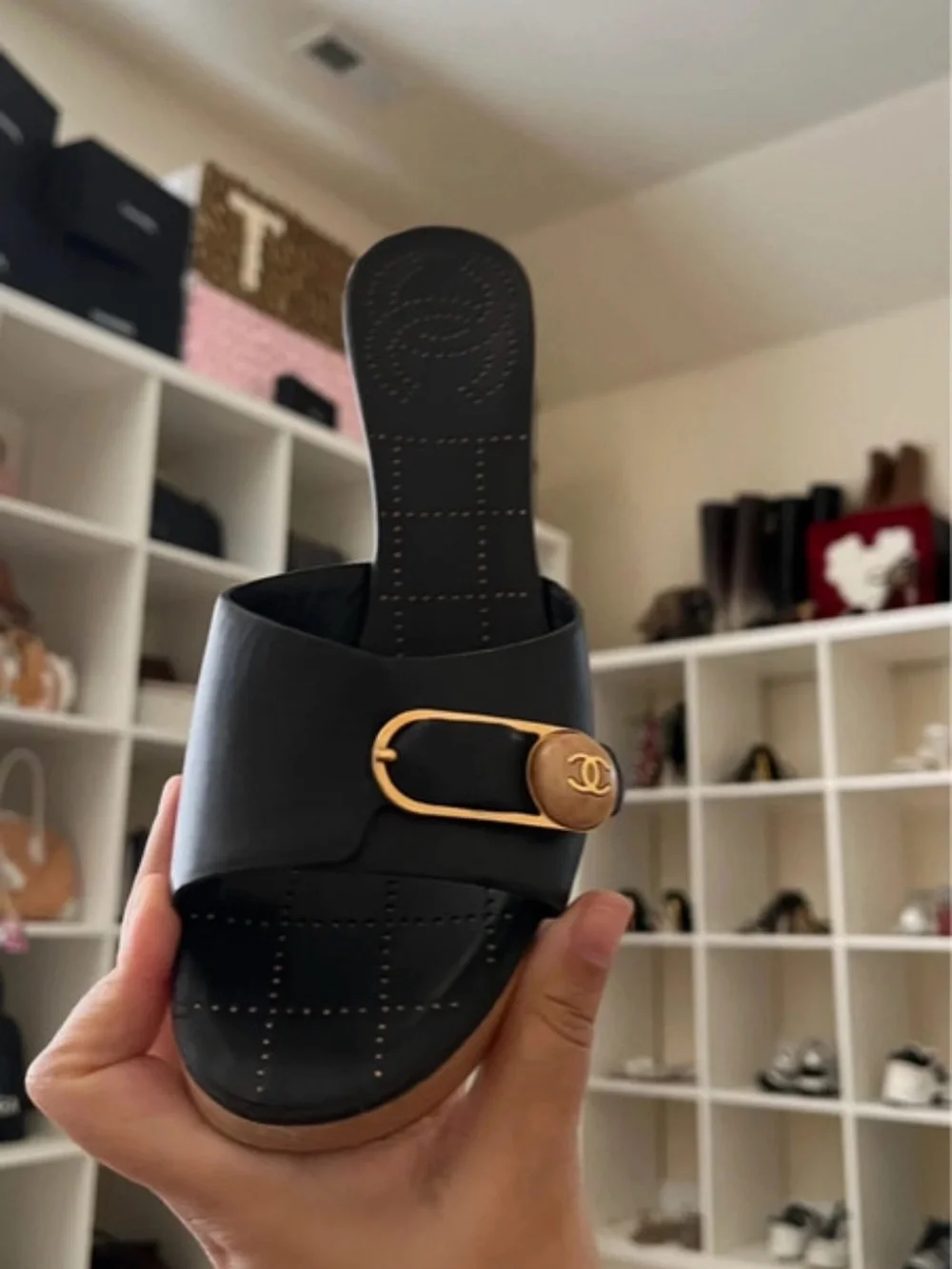 CHANEL Black Leather Slide Mules with Gold CC Buckle